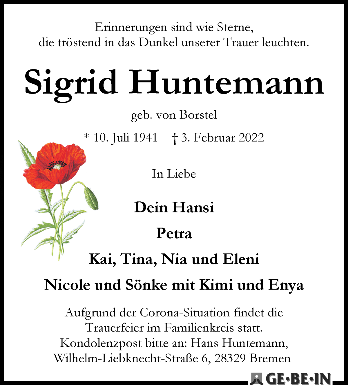 Traueranzeige von Sigrid Huntemann von WESER-KURIER