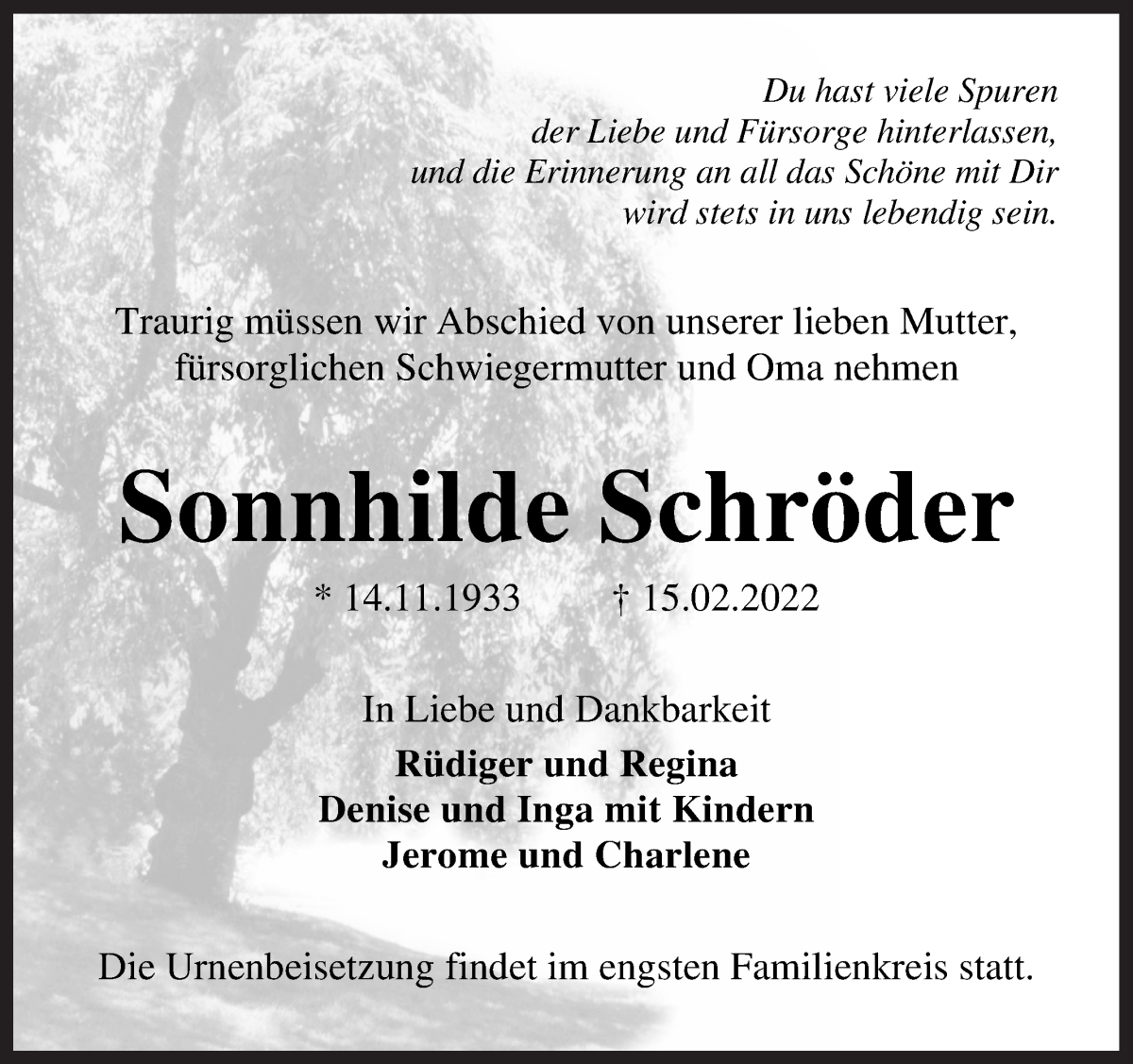 Traueranzeige von Sonnhilde Schröder von Die Norddeutsche