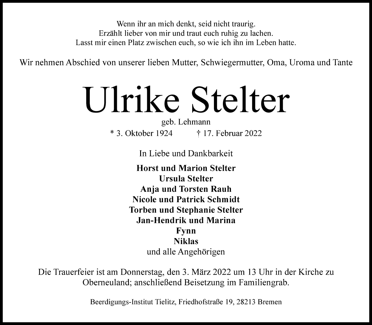 Traueranzeige von Ulrike Stelter von WESER-KURIER