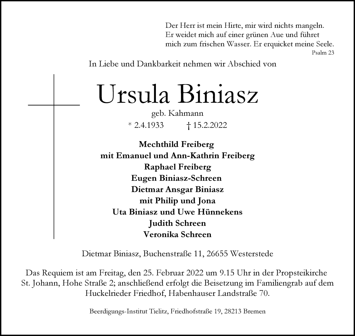 Traueranzeige von Ursula Biniasz von WESER-KURIER