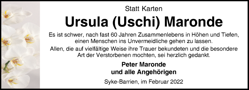 Traueranzeige von Ursula Maronde von Regionale Rundschau/Syker Kurier