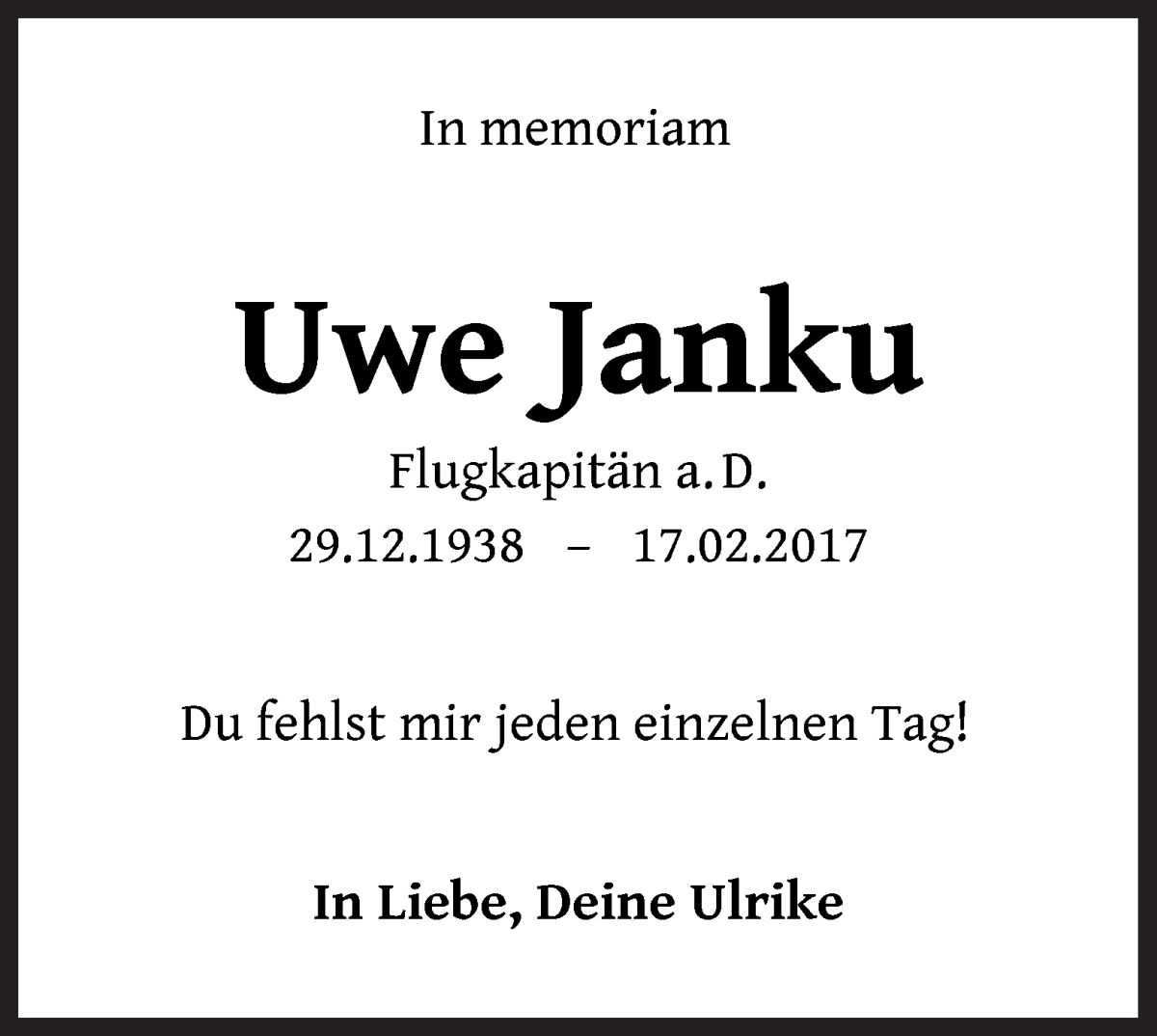 Traueranzeige von Uwe Janku von WESER-KURIER