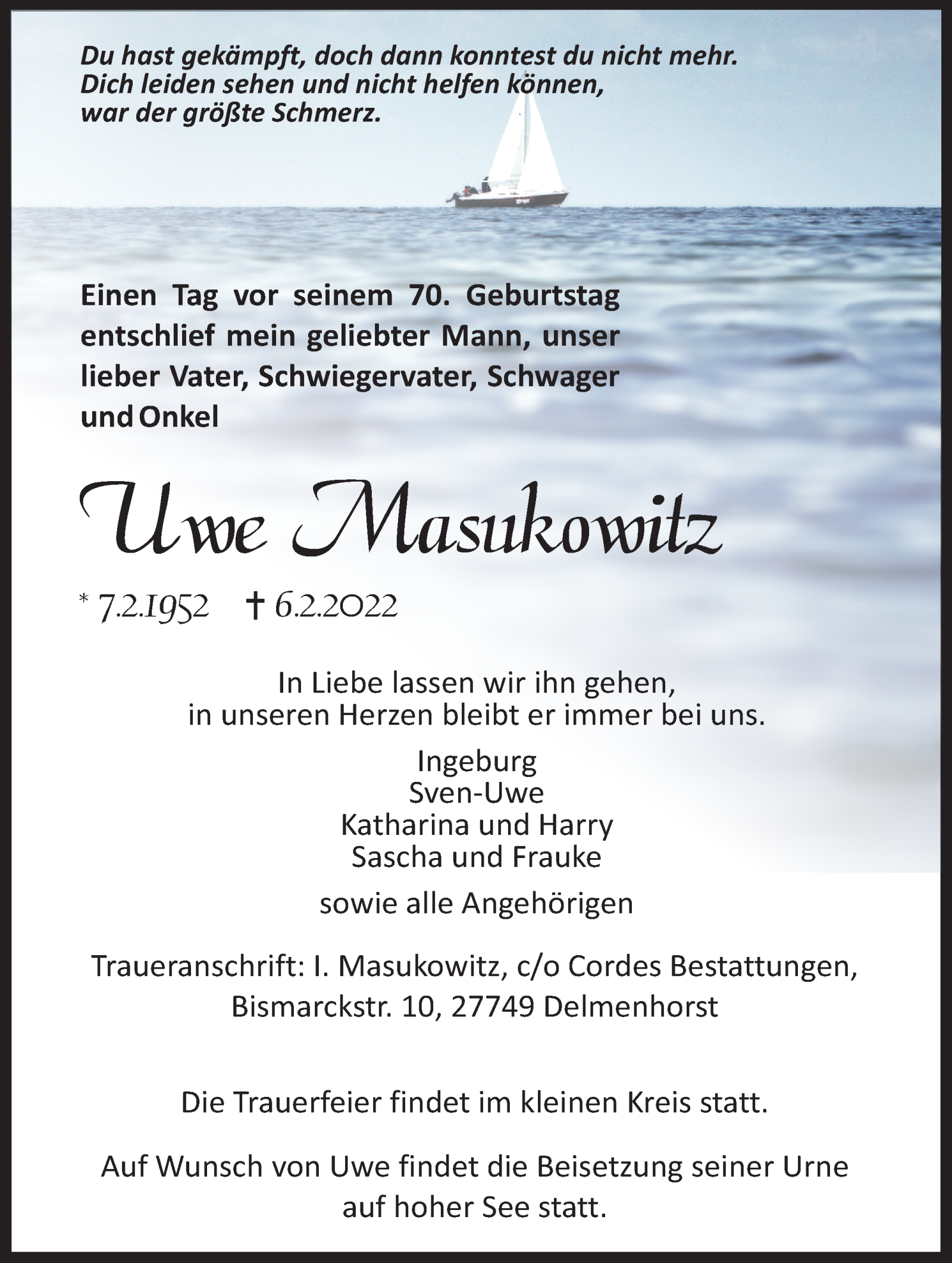Traueranzeige von Uwe Masukowitz von WESER-KURIER