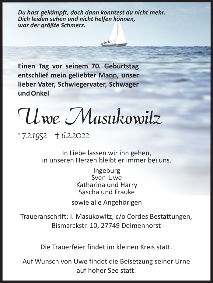 Traueranzeige von Uwe Masukowitz von WESER-KURIER