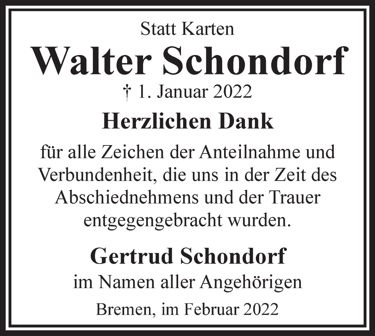 Traueranzeige von Walter Schondorf von WESER-KURIER