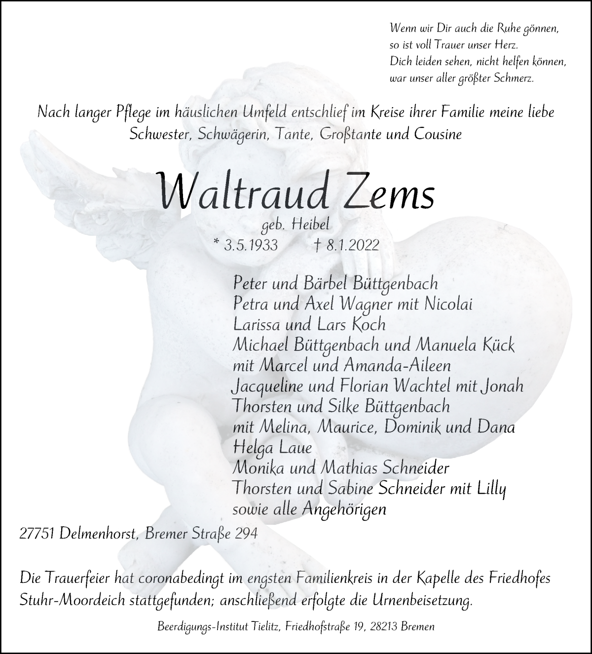 Traueranzeige von Waltraud Zems von WESER-KURIER