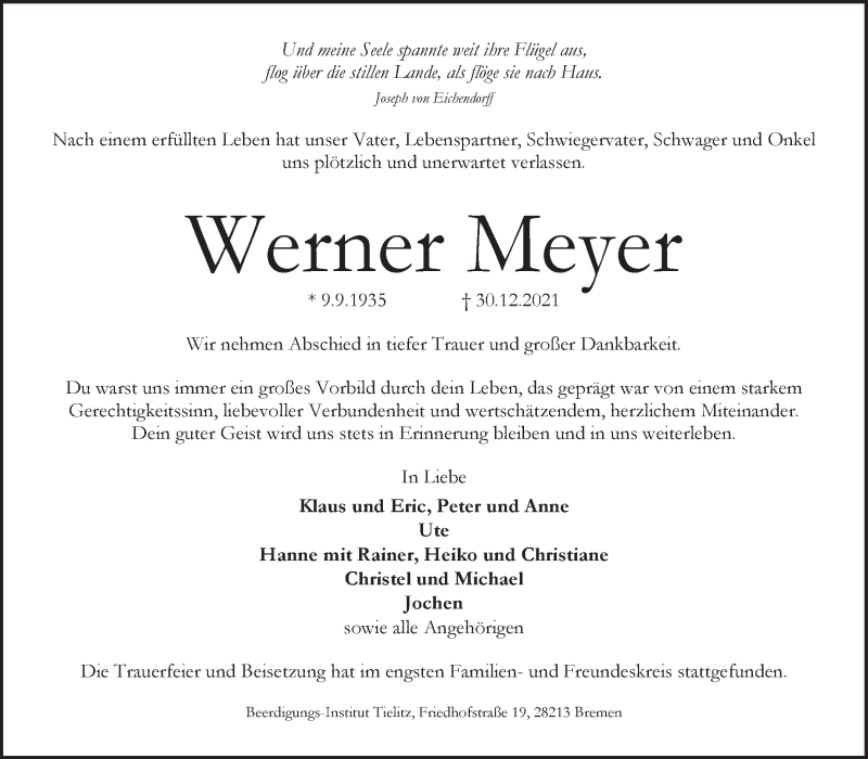 Traueranzeige von Werner Meyer von WESER-KURIER