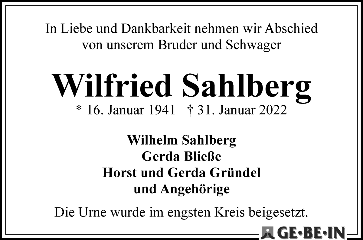 Traueranzeige von Wilfried Sahlberg von WESER-KURIER