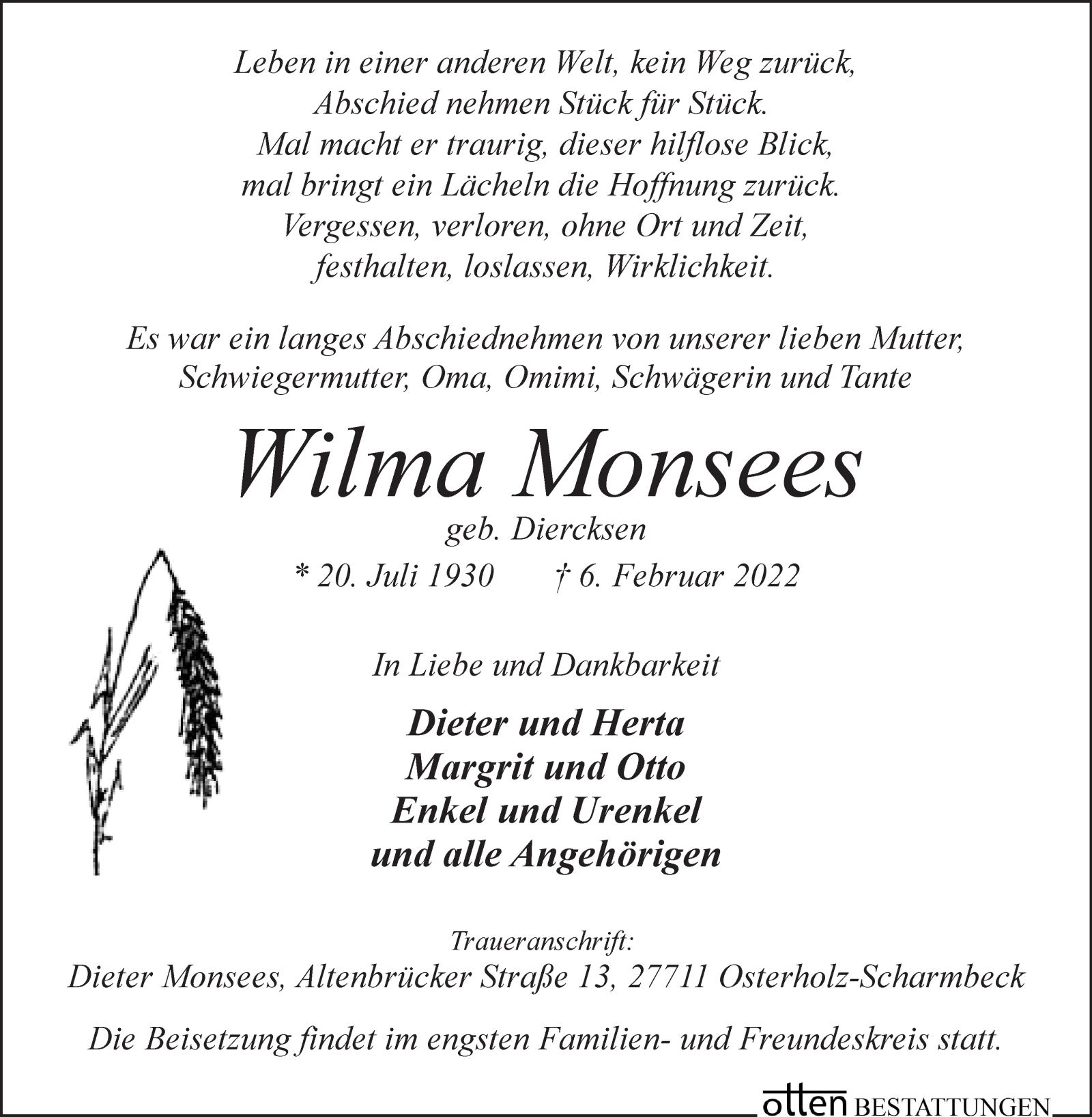 Traueranzeige von Wilma Monsees von Osterholzer Kreisblatt