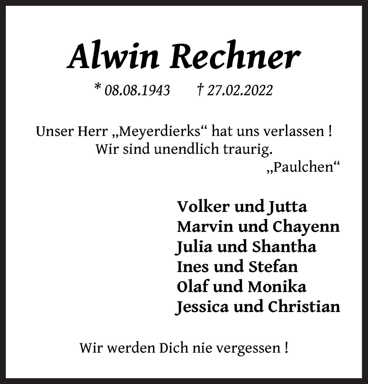 Traueranzeige von Alwin Rechner von WESER-KURIER