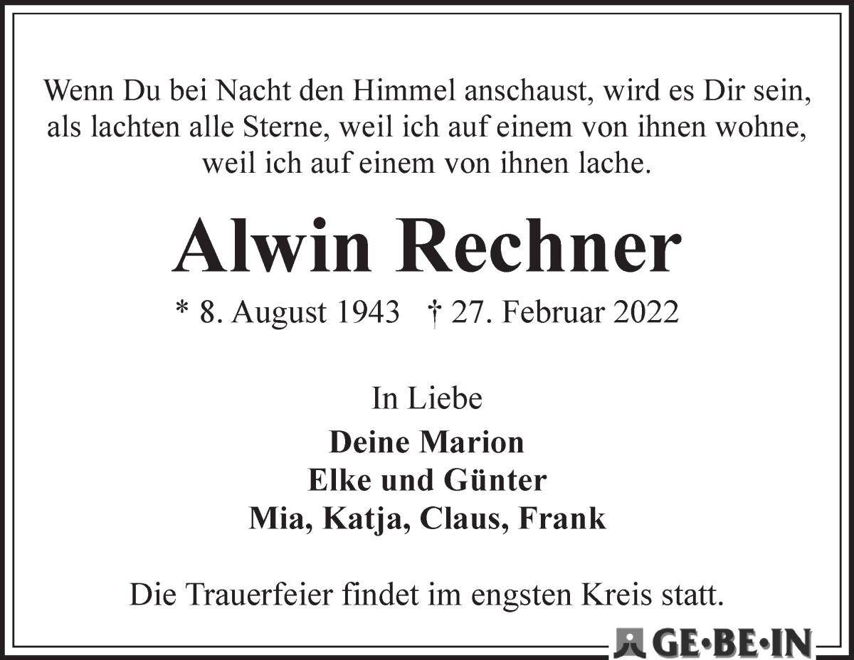Traueranzeige von Alwin Rechner von WESER-KURIER