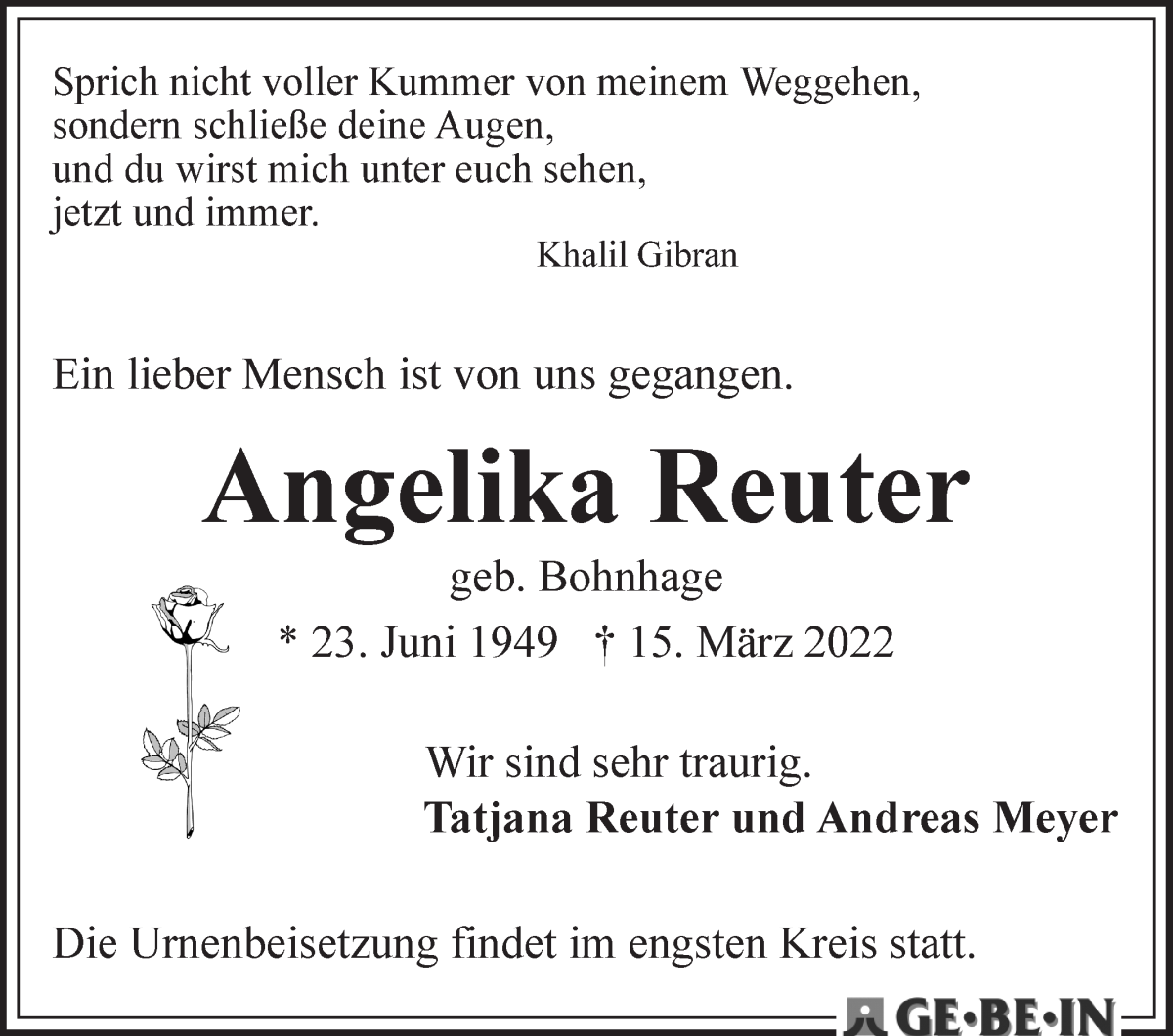 Traueranzeige von Angelika Reuter von WESER-KURIER