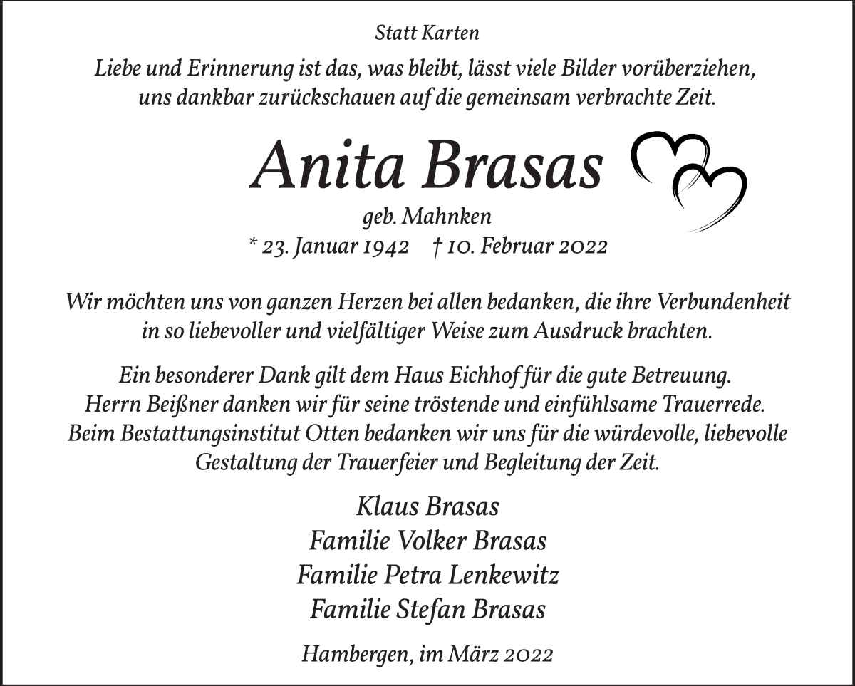 Traueranzeige von Anita Brasas von Osterholzer Kreisblatt
