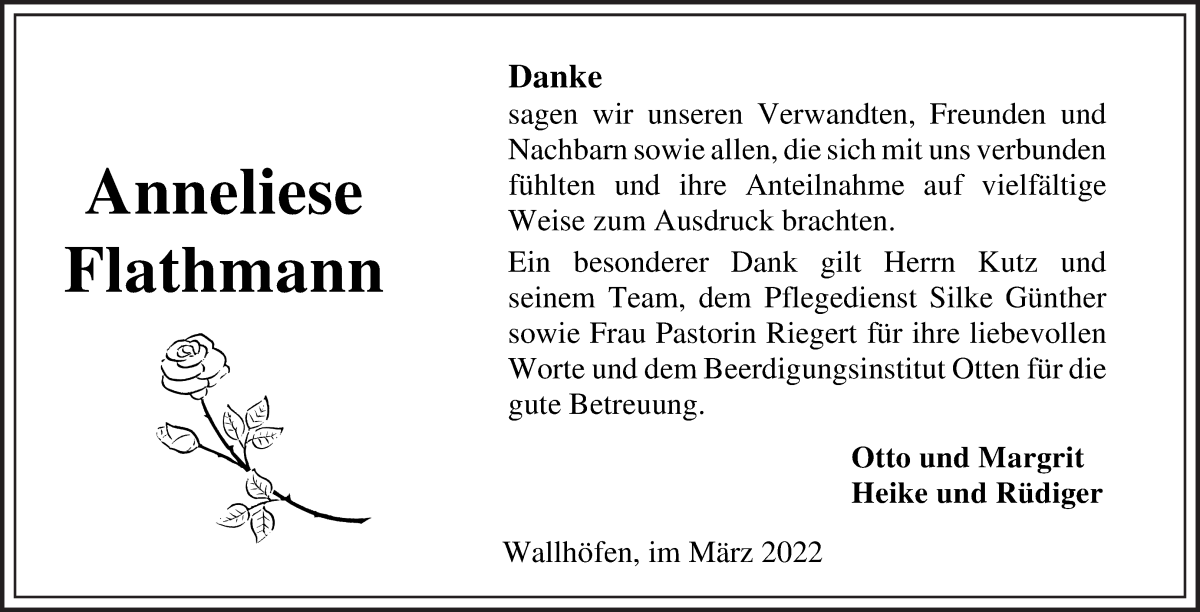Traueranzeige von Anneliese Flathmann von Osterholzer Kreisblatt