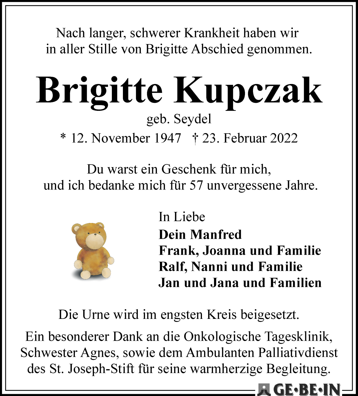 Traueranzeige von Brigitte Kupczak von WESER-KURIER