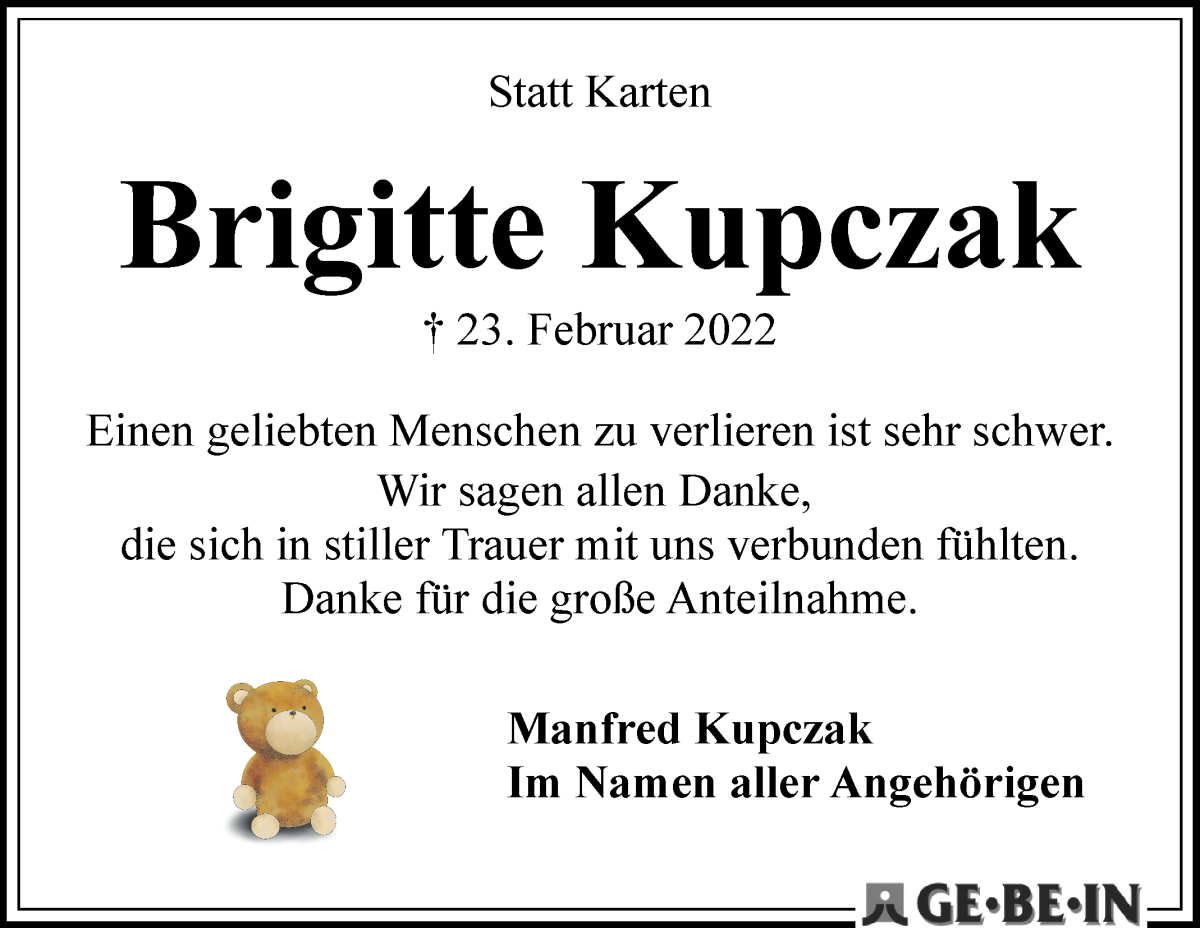 Traueranzeige von Brigitte Kupczak von WESER-KURIER