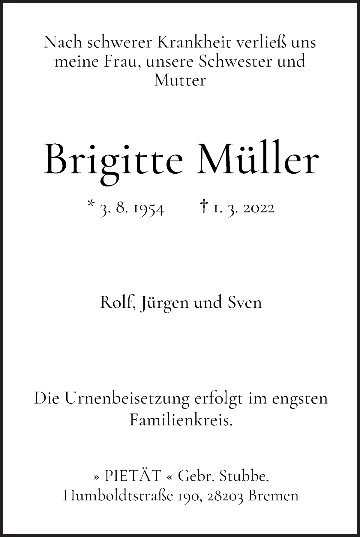 Traueranzeige von Brigitte Müller von WESER-KURIER