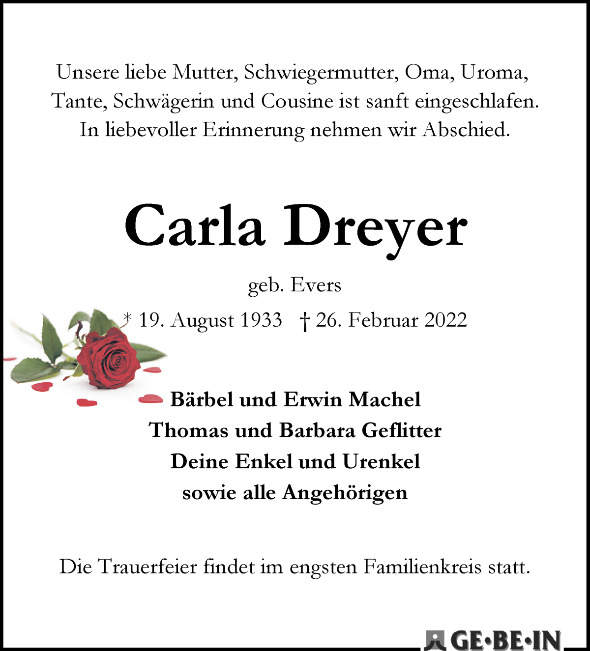 Traueranzeige von Carla Dreyer von WESER-KURIER