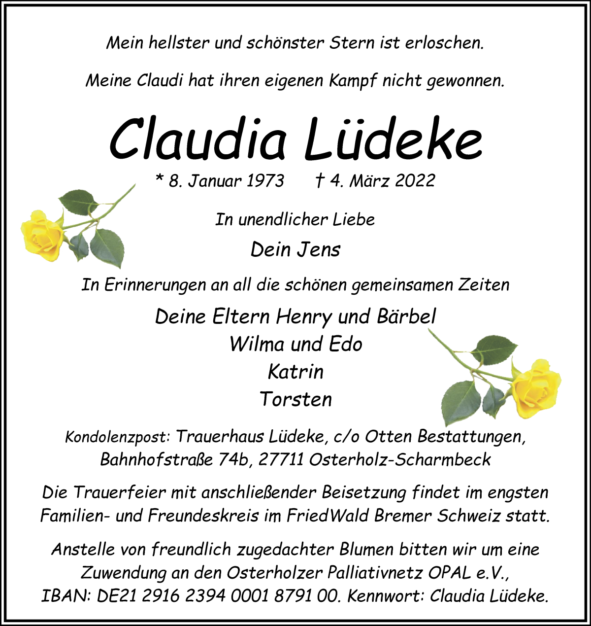 Traueranzeige von Claudia Lüdeke von Osterholzer Kreisblatt