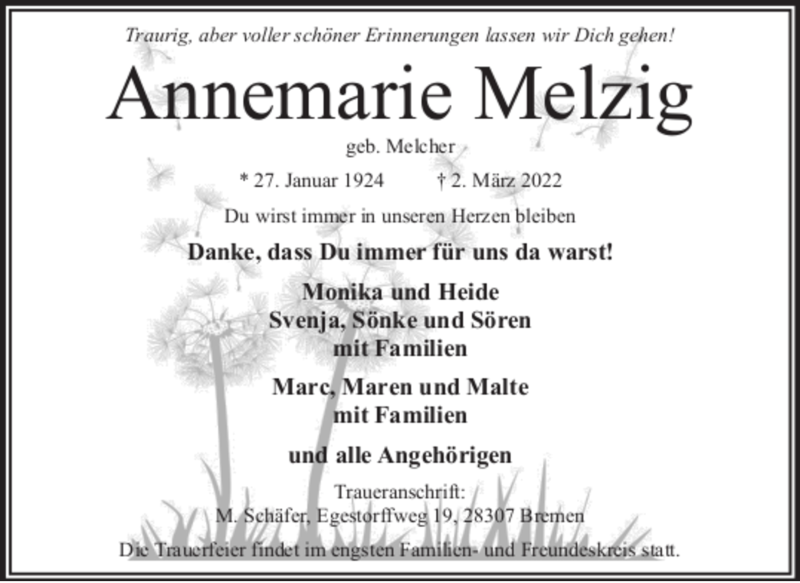 Traueranzeige von Annemarie Melzig von WESER-KURIER