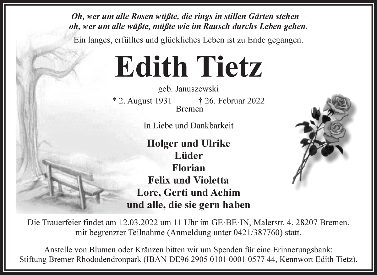 Traueranzeige von Edith Tietz von WESER-KURIER