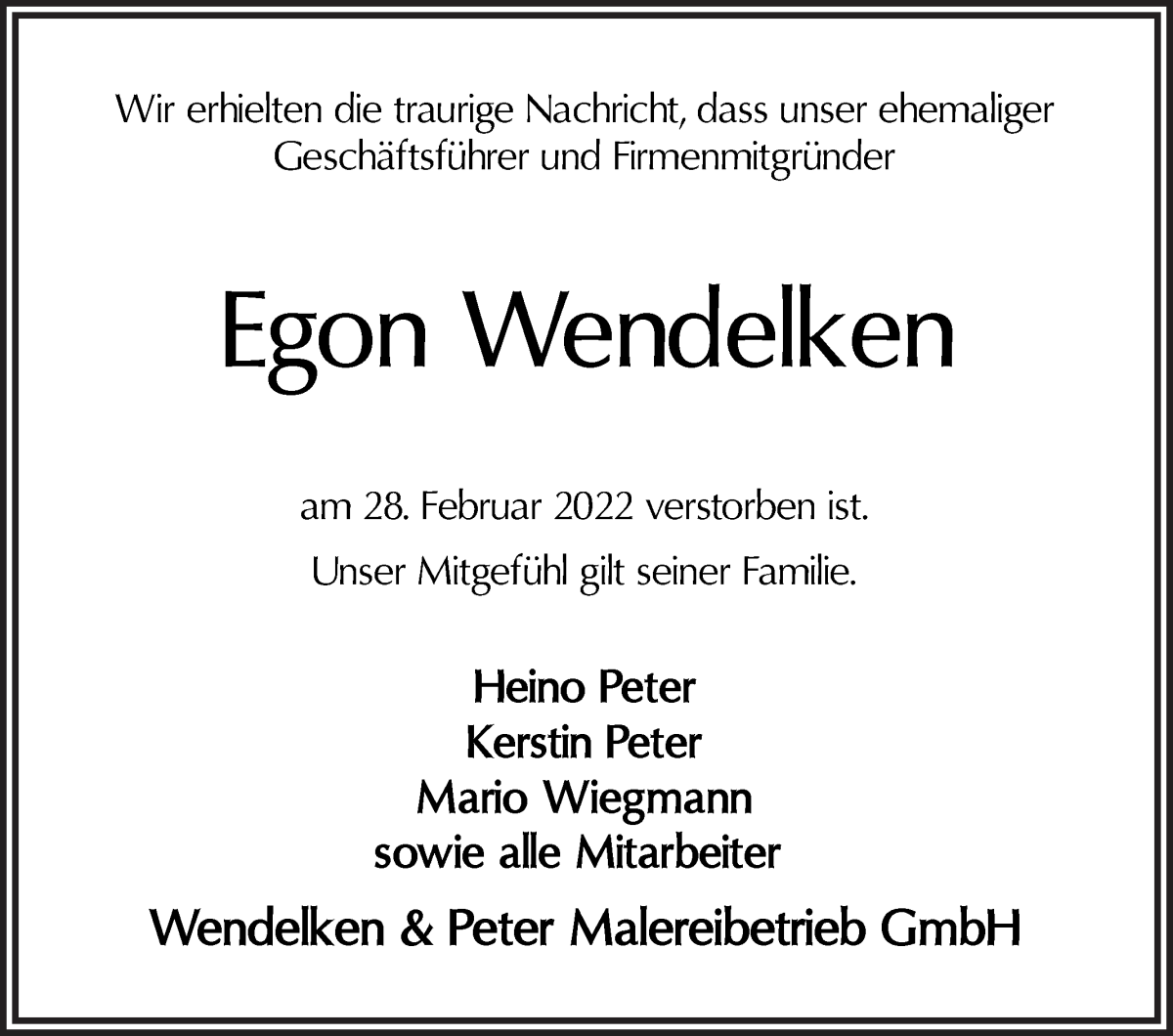 Traueranzeige von Egon Wendelken von Osterholzer Kreisblatt