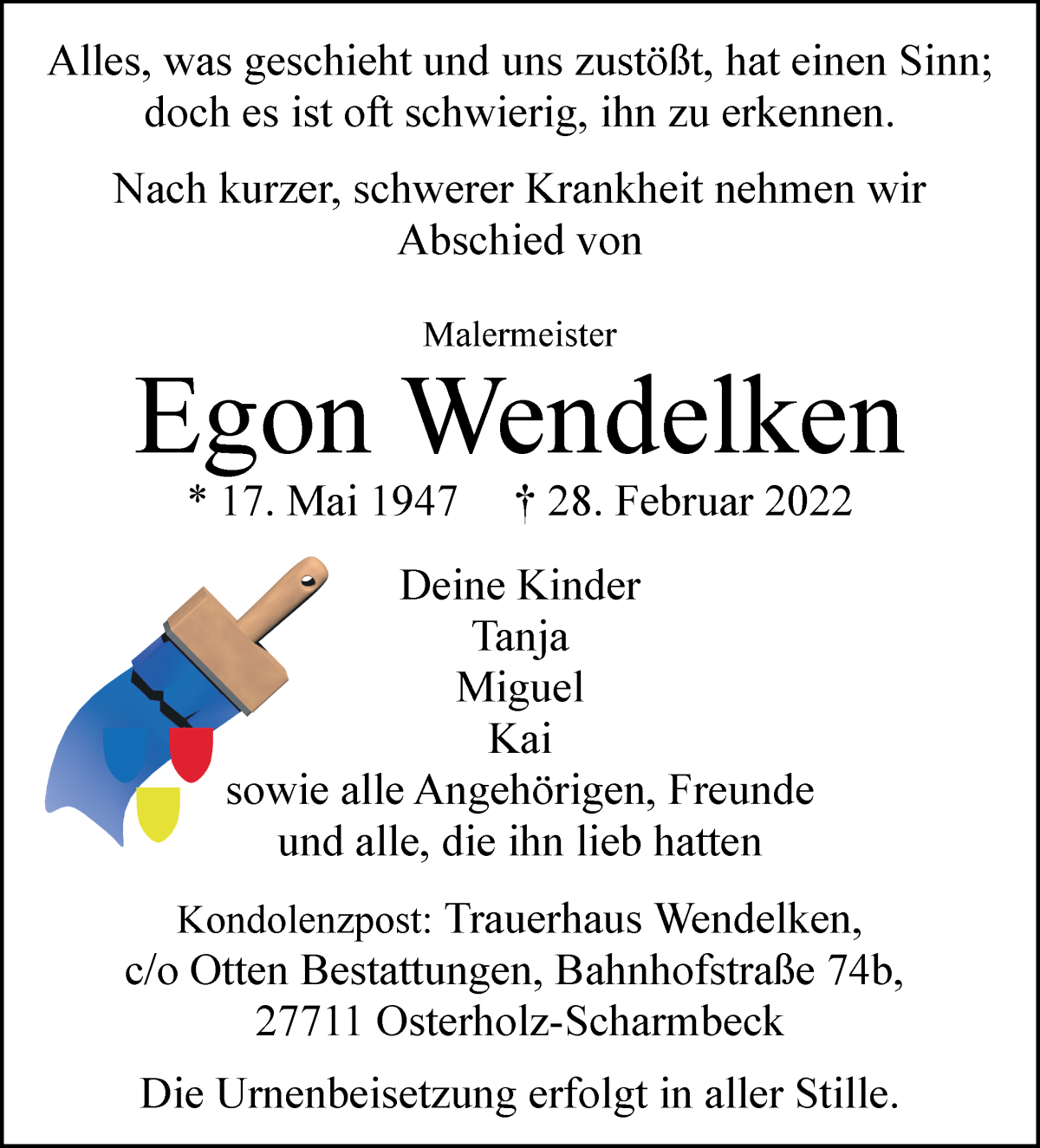 Traueranzeige von Egon Wendelken von Osterholzer Kreisblatt