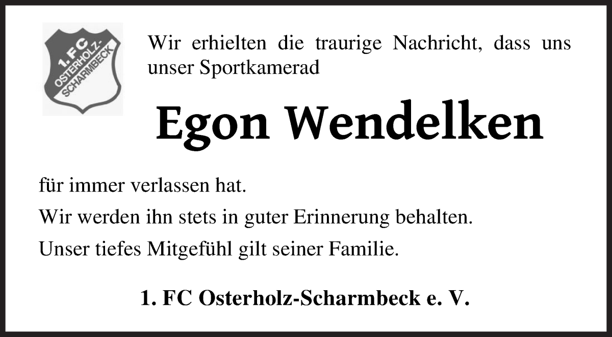Traueranzeige von Egon Wendelken von Osterholzer Kreisblatt