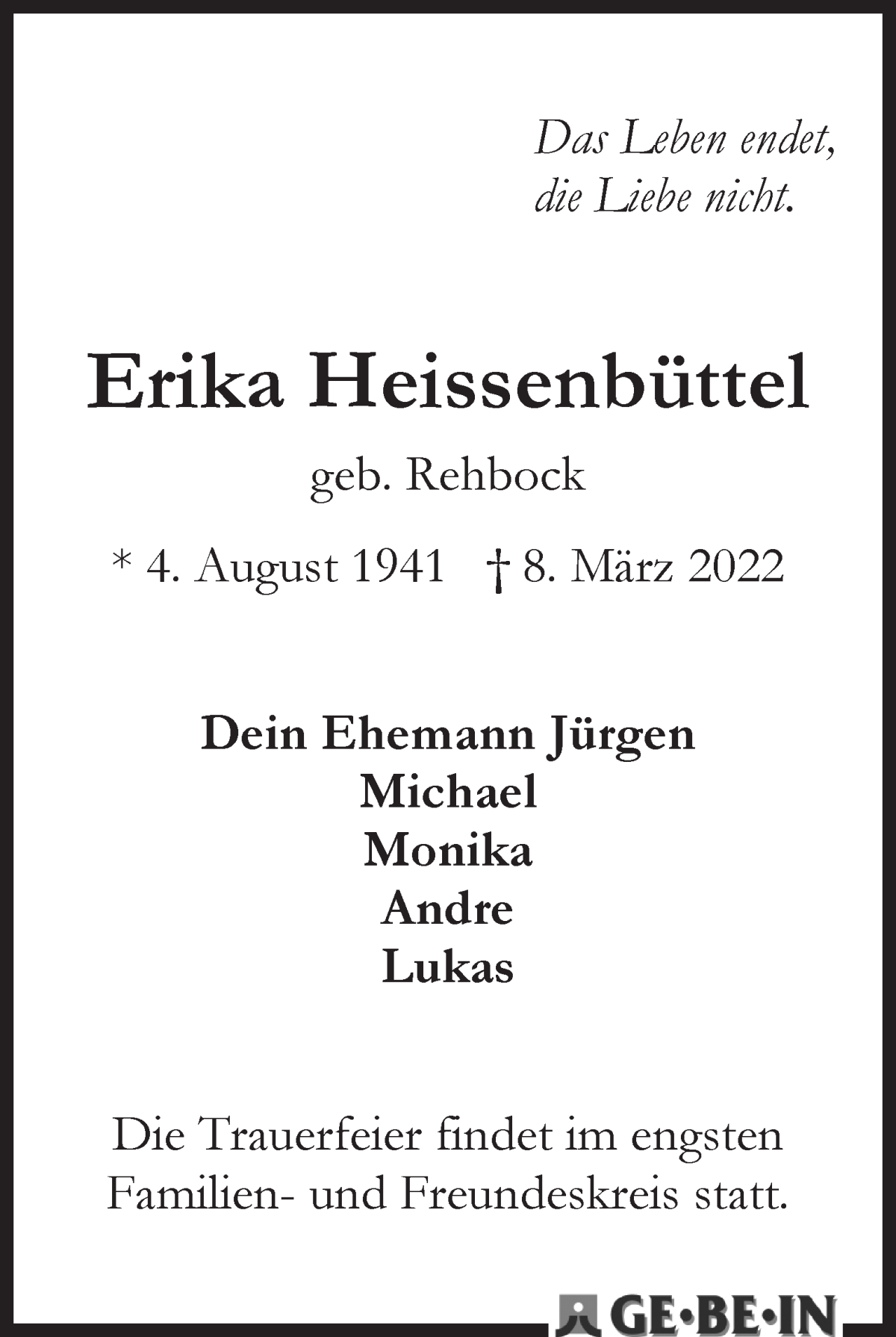 Traueranzeige von Erika Heissenbüttel von WESER-KURIER