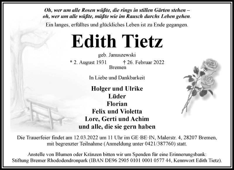Traueranzeige von Edith Tietz von WESER-KURIER