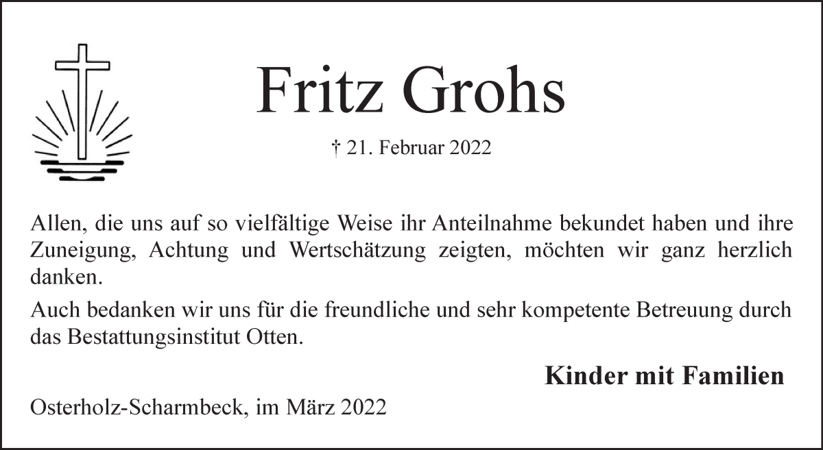 Traueranzeige von Fritz Grohs von Osterholzer Kreisblatt