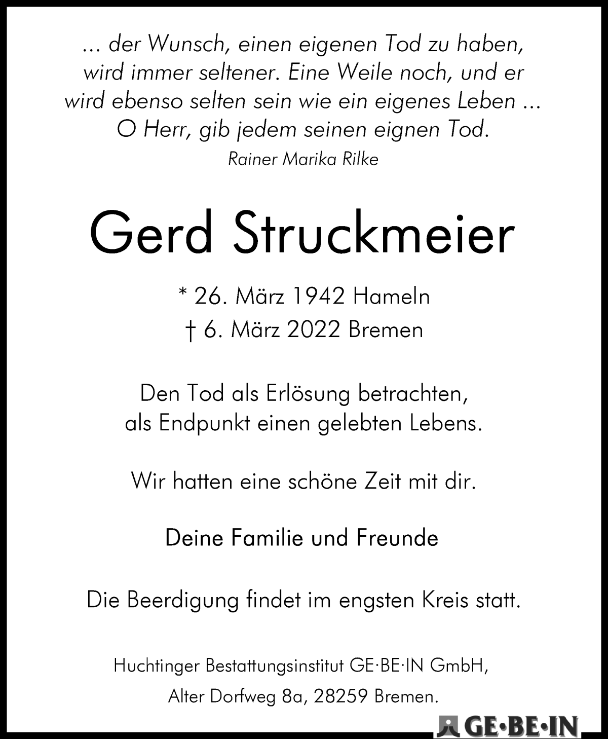 Traueranzeige von Gerd Struckmeier von WESER-KURIER