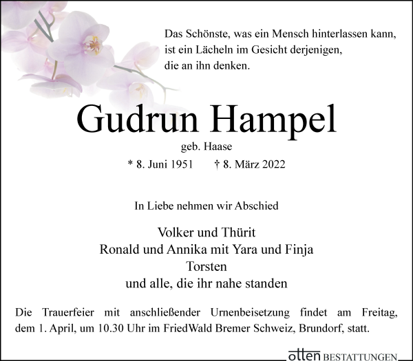 Traueranzeige von Gudrun Hampel von Osterholzer Kreisblatt