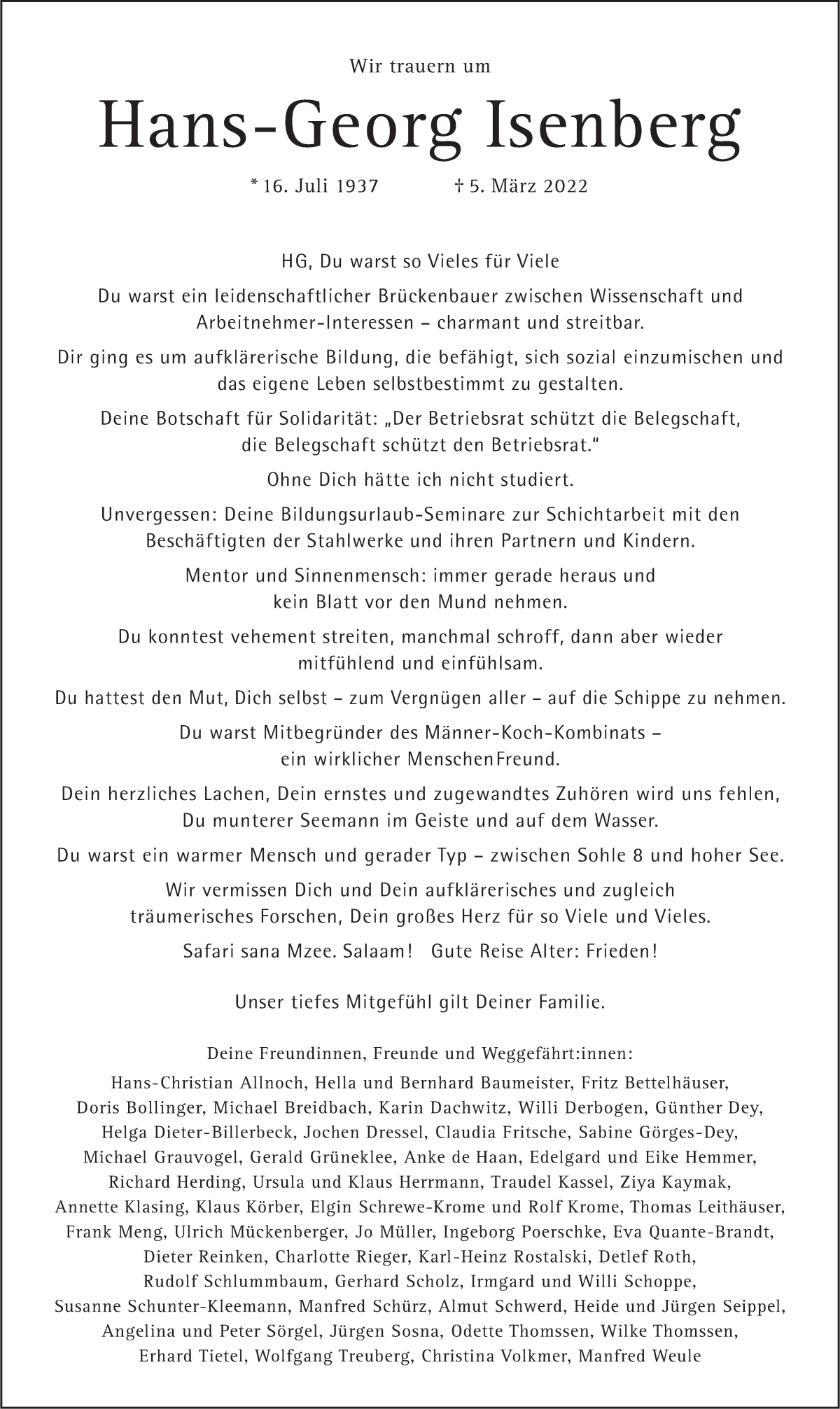 Traueranzeige von Hans-Georg Isenberg von WESER-KURIER