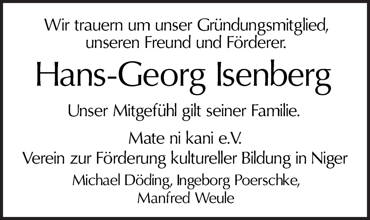 Traueranzeige von Hans-Georg Isenberg von WESER-KURIER