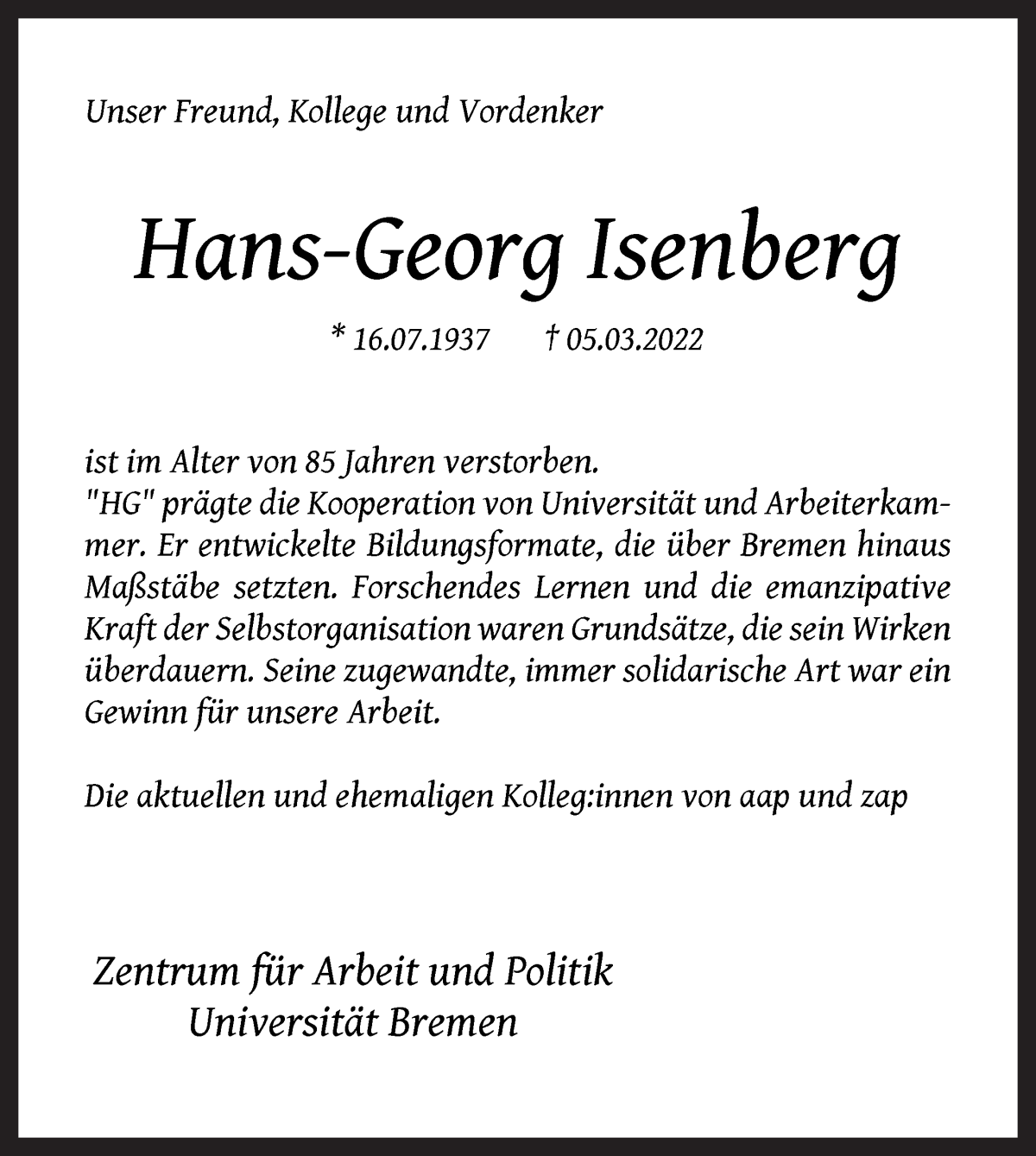 Traueranzeige von Hans-Georg Isenberg von WESER-KURIER