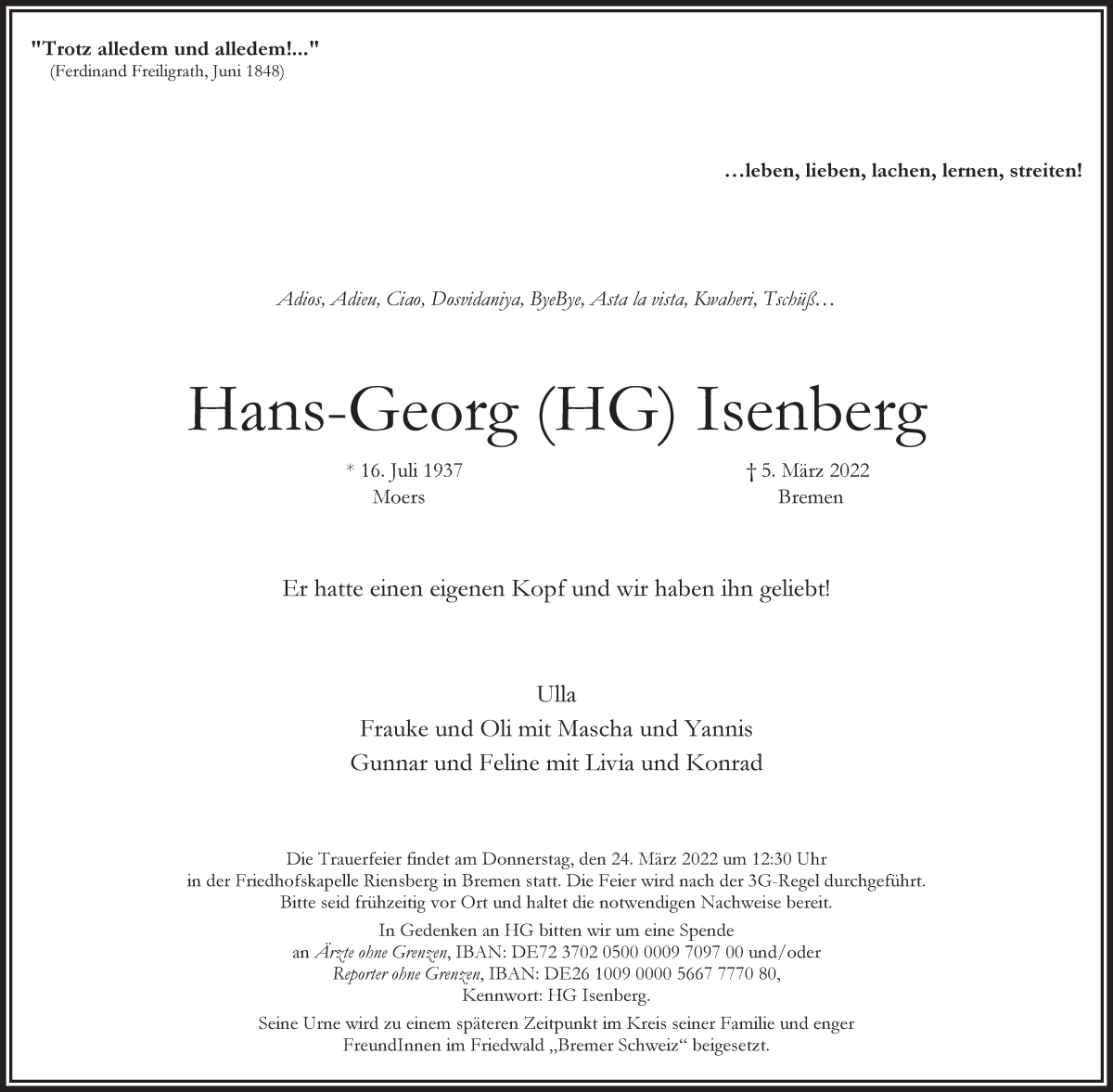 Traueranzeige von Hans-Georg Isenberg von WESER-KURIER