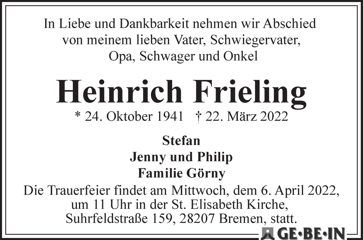 Traueranzeige von Heinrich Frieling von WESER-KURIER