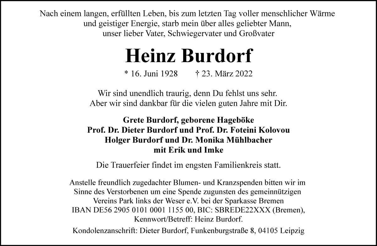 Traueranzeige von Heinz Burdorf von WESER-KURIER