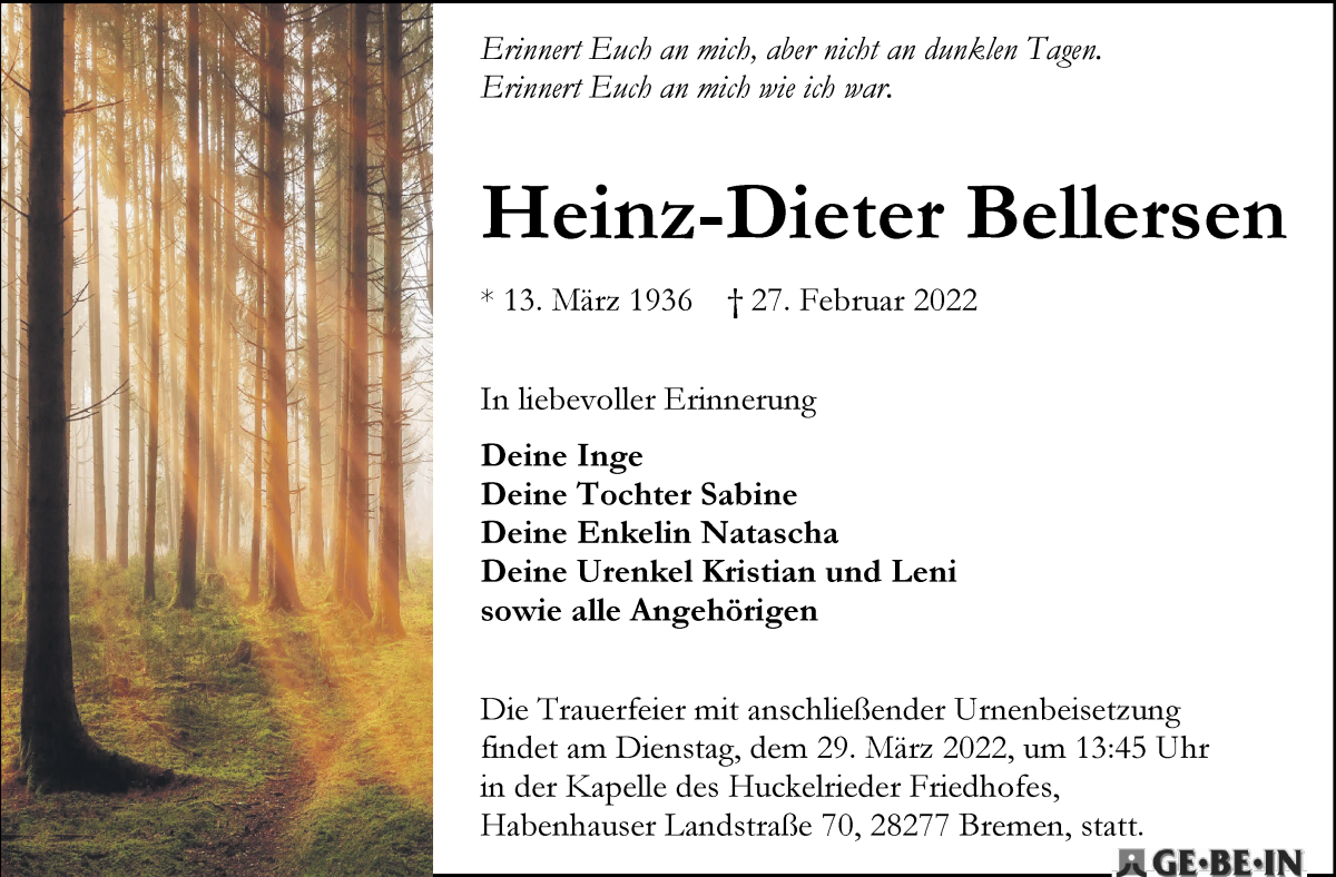 Traueranzeige von Heinz-Dieter Bellersen von WESER-KURIER