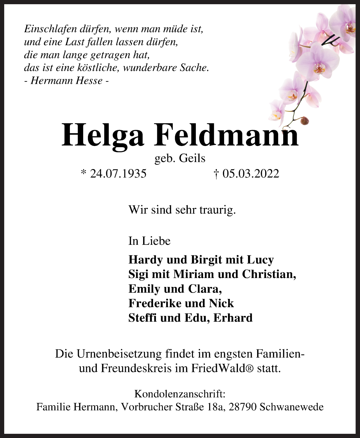 Traueranzeige von Helga Feldmann von Die Norddeutsche