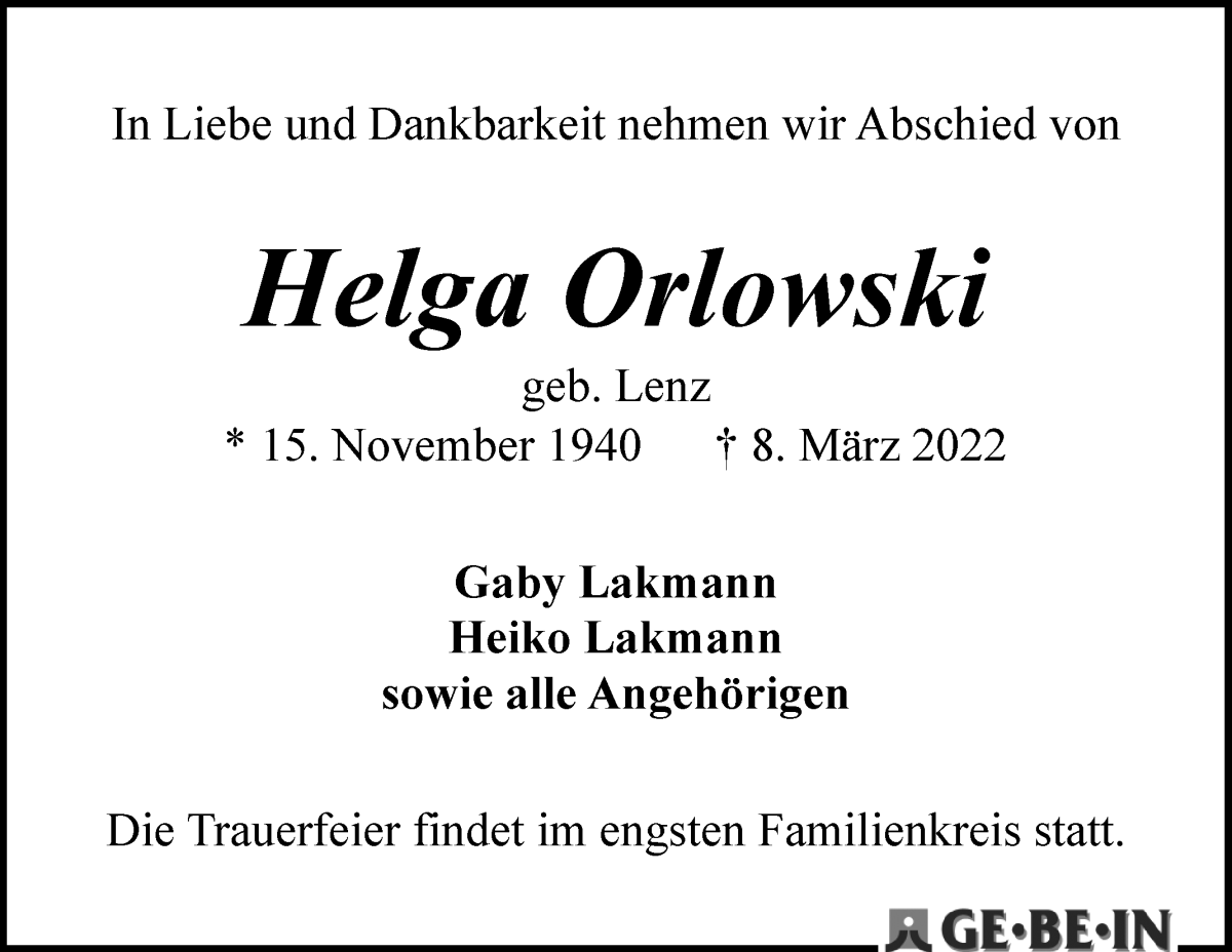 Traueranzeige von Helga Orlowski von WESER-KURIER