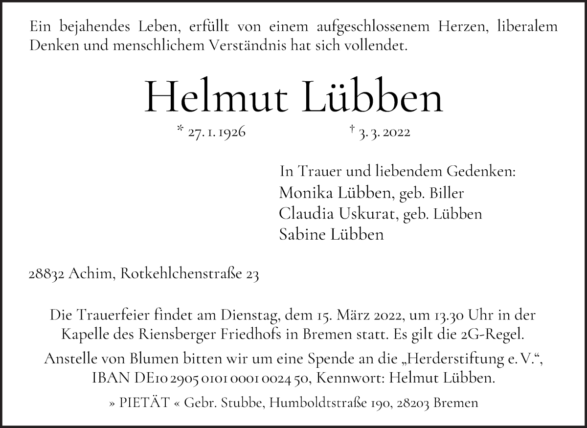 Traueranzeige von Helmut Lübben von WESER-KURIER