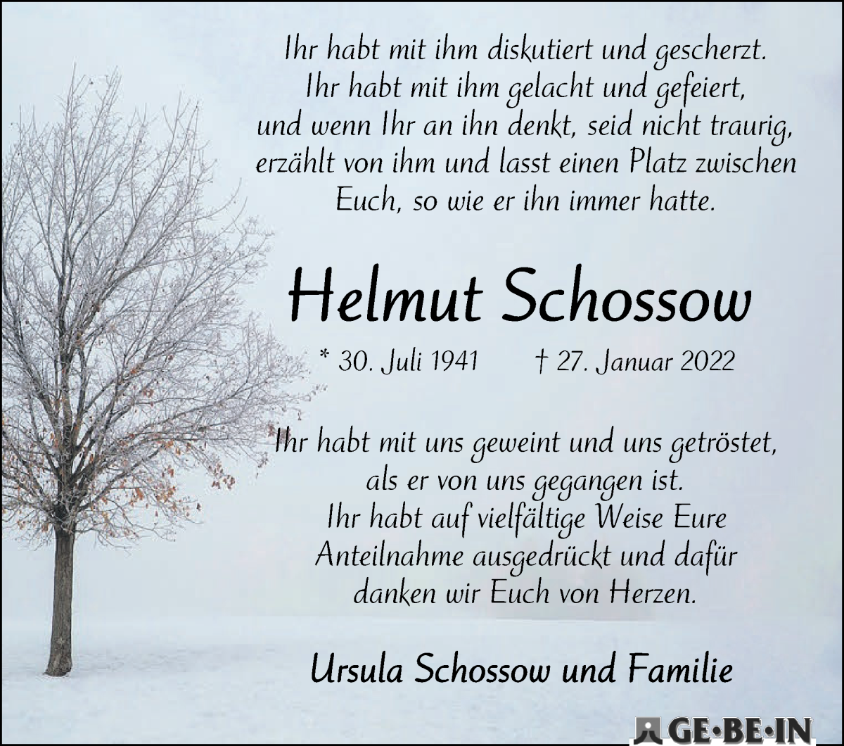 Traueranzeige von Helmut Schossow von WESER-KURIER