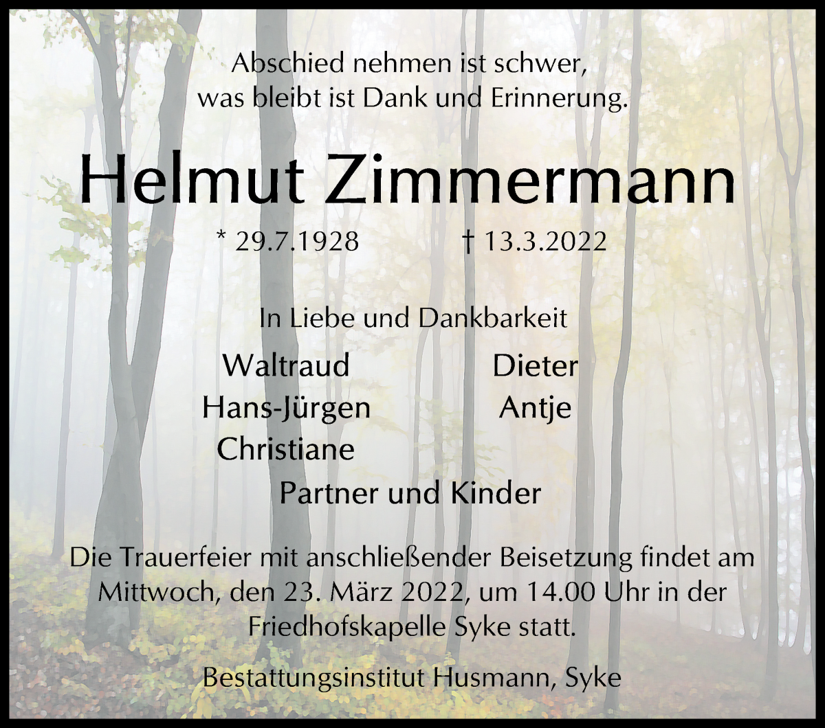 Traueranzeige von Helmut Zimmermann von WESER-KURIER