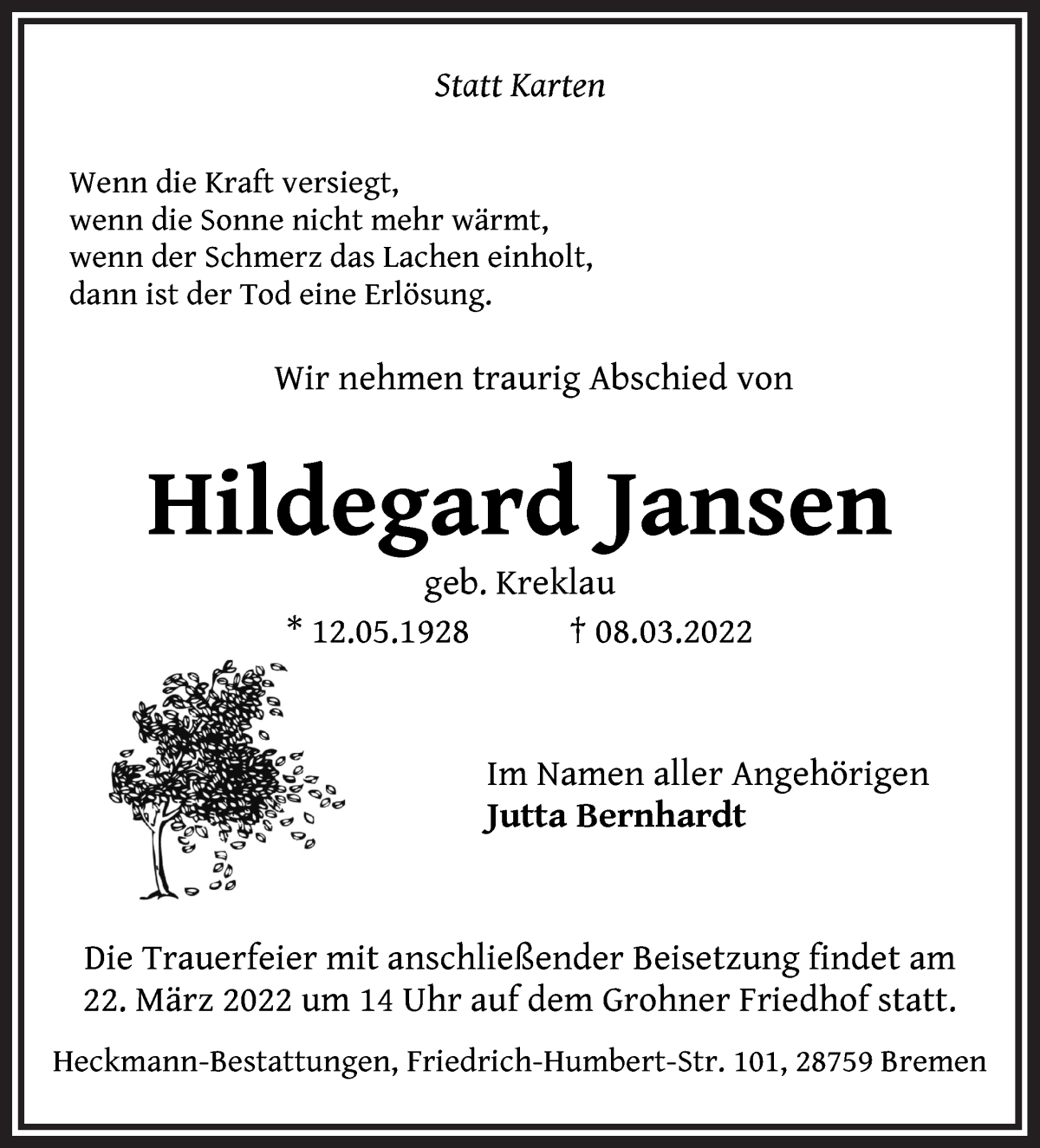Traueranzeige von Hildegard Jansen von Die Norddeutsche