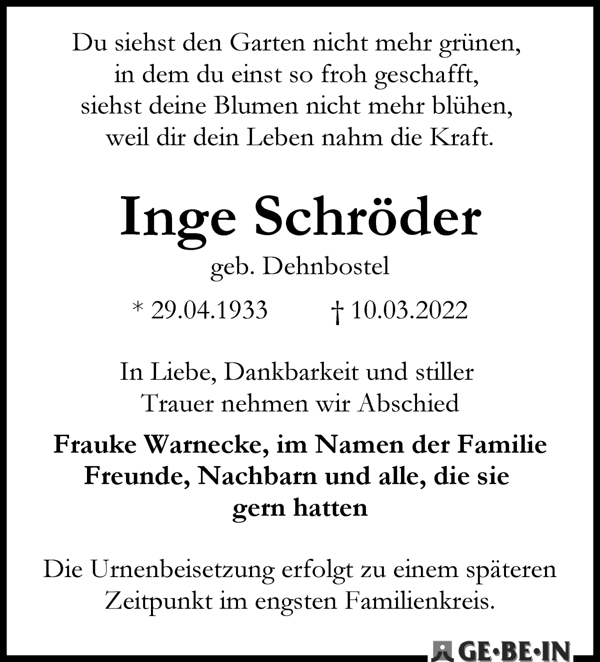 Traueranzeige von Inge Schröder von WESER-KURIER