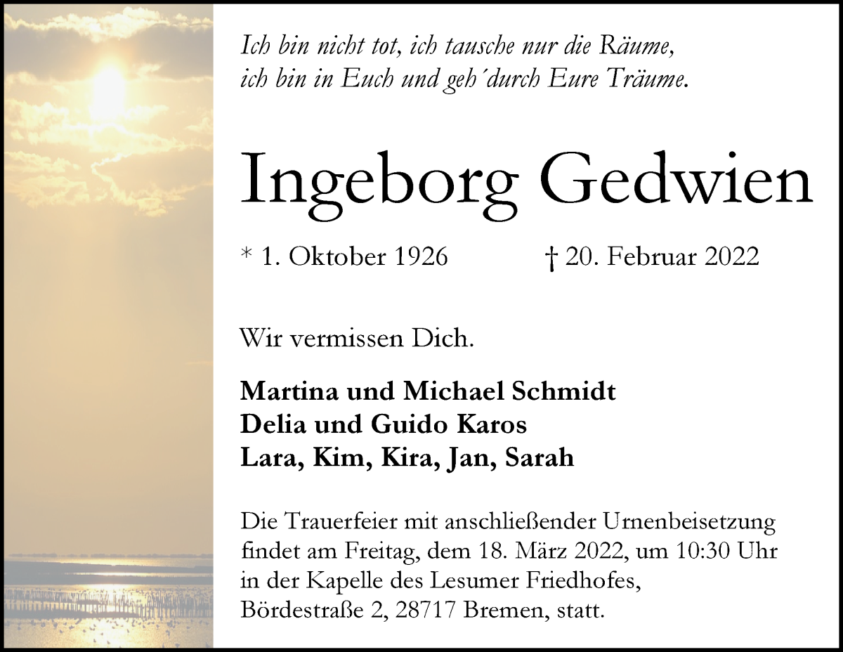 Traueranzeige von Ingeborg Gedwien von WESER-KURIER