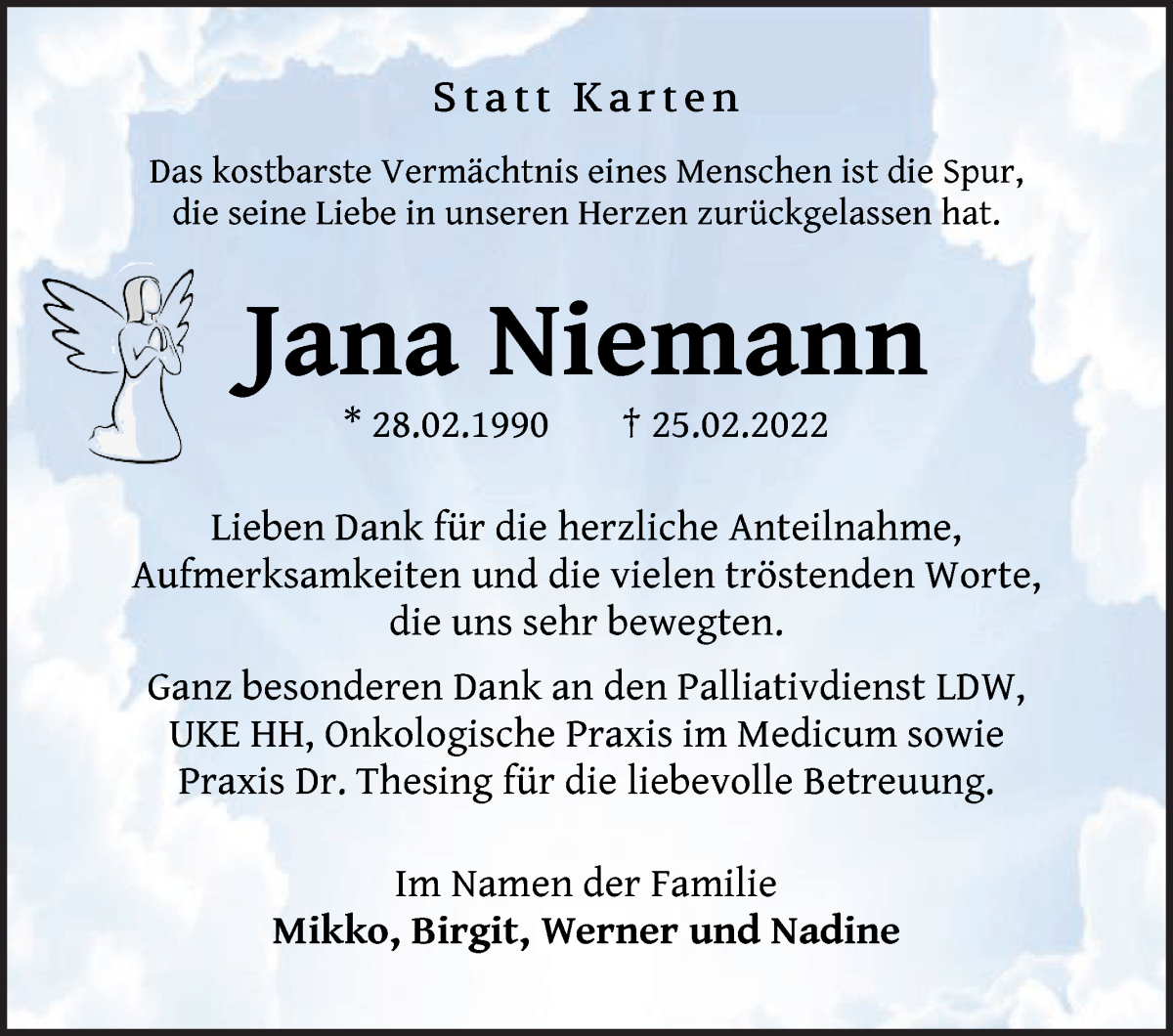 Traueranzeige von Jana Niemann von WESER-KURIER