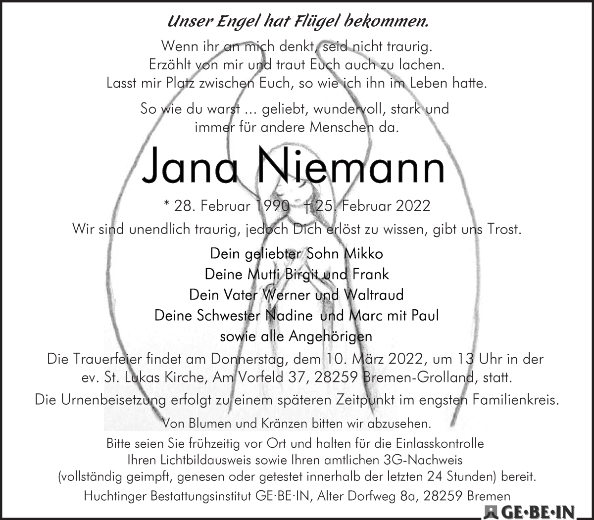 Traueranzeige von Jana Niemann von WESER-KURIER